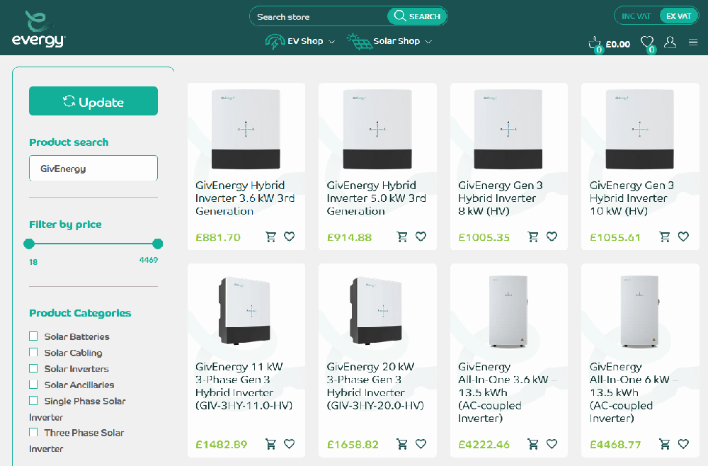 GivEnergy product listings on Evergy.co.uk, featuring hybrid inverters, all-in-one battery systems, and 3-phase solar solutions with live pricing